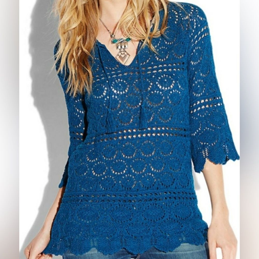Lucky Brand Boho teal blue crocheted sweater. Sz XS. Early 70's hippie vibe